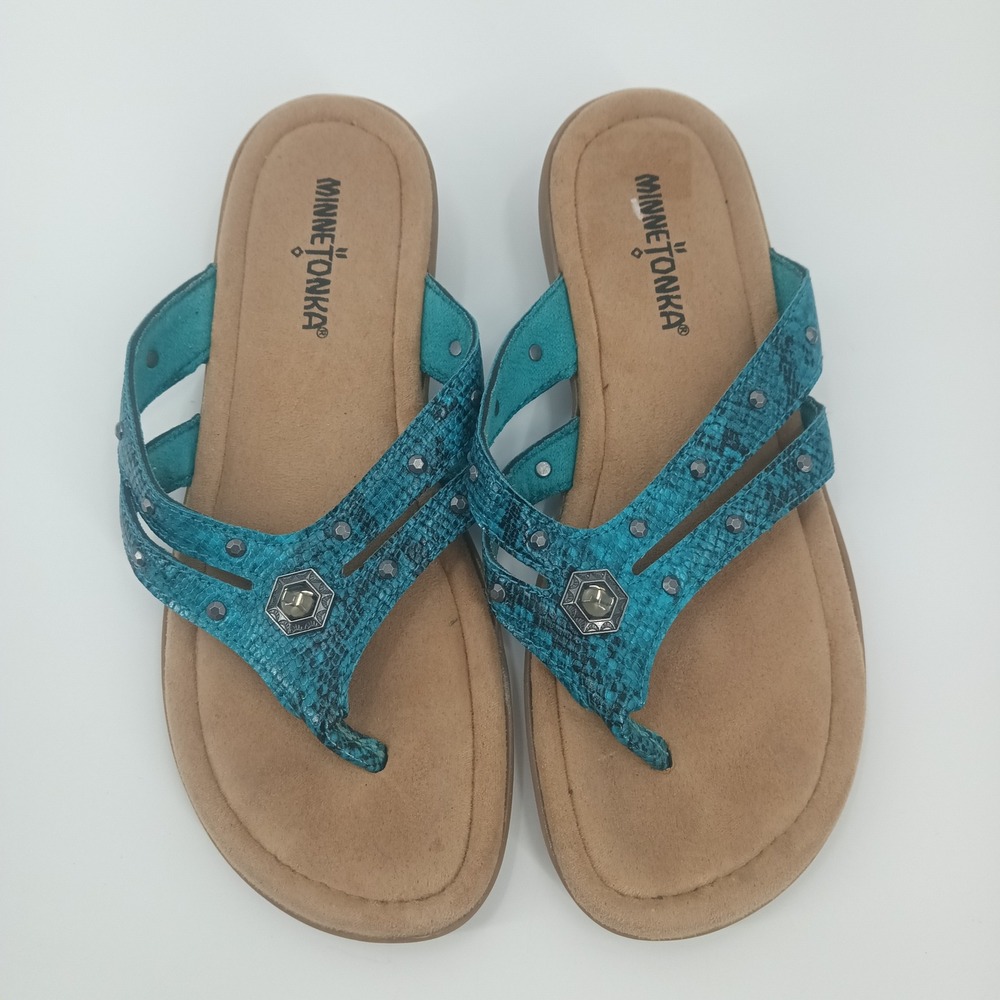 Minnetonka Turquoise Snakeskin Studded Thong Sandals 799858 TRQ 7W